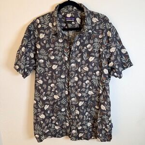 Patagonia Men L Back Step Hemp Cotton Floral Short Sleeve Button Down Grey Shirt
